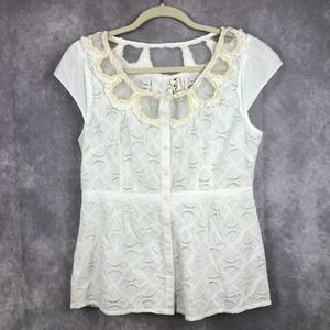 Anthopologie‎ Floreat Sequin Beaded Eyelet Blouse Button Up Blouse White Size 10